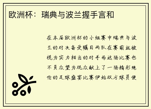 欧洲杯：瑞典与波兰握手言和